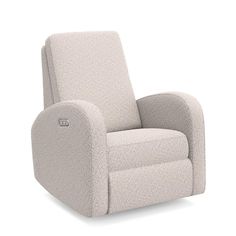 the reclining chair is shown in light gray fabric