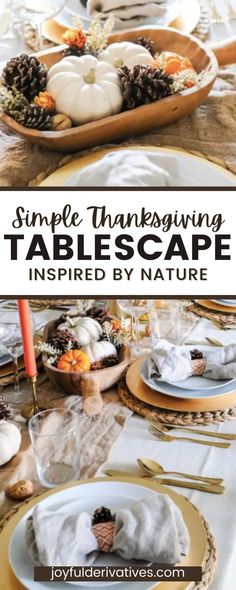 thanksgiving tablescape with white pumpkins and pine cones