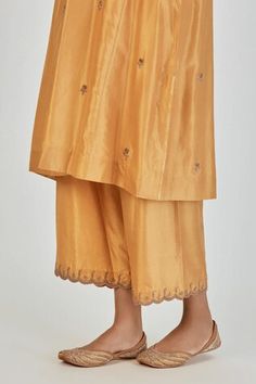 Golden yellow silk kurta featuring marodi embroidered floral and scalloped archway motifs highlighted by sequin embellishments. Comes with scalloped hem pant. - Aza Fashions Pant Women, Women Kurta, Silk Kurta, Yellow Silk, Straight Kurta, How To Hem Pants, Kurta With Pants, Scalloped Hem, Embroidered Silk