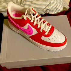 Nike Size 6y (7.5 Women’s) Brand New Condition With Box Custom Pink Sneakers With Contrast Sole, Pink Sneakers With Red Sole For Streetwear, Pink High-top Nike Air Force 1, Custom Pink Sneakers With Synthetic Laces, Pink Custom Synthetic Sneakers With Laces, Pink Custom Sneakers With Laces, Pink Custom Lace-up Sneakers With Contrast Sole, Casual Pink Sneakers With Red Sole, Pink Lace-up Custom Sneakers With Contrast Sole