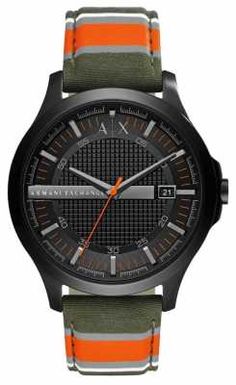 Armani Exchange Mens Dress Watch Green Orange Stripe Strap AX2198 Steel Dress, Black Leather Cuff Bracelet, Striped Fabrics, Black Stainless Steel, Steel Watch