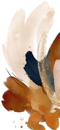 an abstract painting with gold and blue feathers on it's back side, against a white background