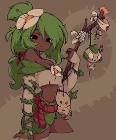 a drawing of a girl with green hair holding a stick