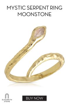 Have no fear; the Mystic Serpent Ring brings only good feelings as it wraps around your finger! An organic shape, flicked tail, and gemstone eye make this ring a memorable keepsake piece.14k gold plated brass with genuine moonstone Gold Spiritual Stackable Moonstone Ring, Gold Moonstone Stackable Open Ring, Ethereal Gold Moonstone Ring Gift, Ethereal Gold Moonstone Ring For Gift, Gold Stackable Open Moonstone Ring, Adjustable Yellow Gold Moonstone Ring, Adjustable Gold Crystal Ring With Moonstone, Gold Adjustable Moonstone Promise Ring, Adjustable Gold Moonstone Promise Ring