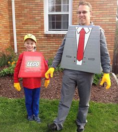 a man and boy dressed up as lego characters