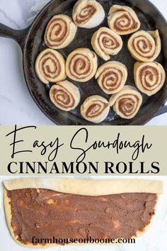 easy cinnamon rolls in a cast iron skillet with text overlay that reads easy sourdough cinnamon rolls