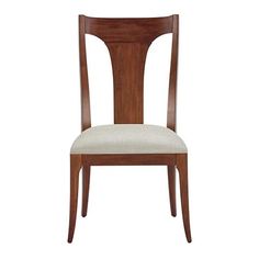 a wooden chair with a white upholstered seat and back rest on a white background