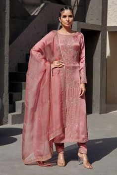 Shop for Jigar Mali Pink Dupion Silk Floral Embroidered Kurta Set for Women Online at Aza Fashions Salwar Kameez Design, Kameez Design, Party Wear Salwar Kameez, Party Wear Salwar, Straight Suit, Patiala Salwar, Aari Embroidery, Punjabi Salwar Suits, Designer Salwar Suits