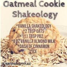 an advertisement for oatmeal cookie shakeology with information on the front and side