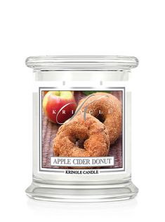 an apple cider donut in a glass jar