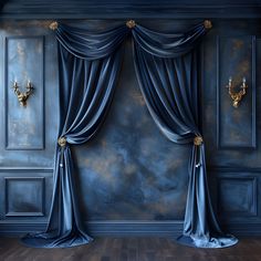 an empty room with blue curtains and gold wall sconces on either side of the window