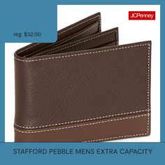 This Stafford men's bifold wallet is a sleek everyday style with extra storage capacity to stow all your small essentials. It's made from 100% leather with a glossed finish, contrast stitching, and multiple slots to hold your cards, cash, and an ID card. Wallet Type: BifoldFeatures: Extra CapacityCard Capacity: 10 SlotsClosure Type: Fold OverMeasurements: 3.1 Width/Inches, .8 Depth/Inches, 3.9 Length/InchesBase Material: 100% LeatherFabric Description: LeatherCare: Wipe CleanCountry of Origin: … Casual Everyday Trifold Wallet, Durable Bifold Wallet For Everyday Use, Wristlet Wallet, Bifold Wallet, Small Accessories, Extra Storage, Everyday Style, Card Wallet, Everyday Fashion