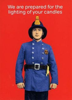 a man in a blue uniform with a red background and the words we are prepared for the lighting of your candles