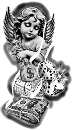 a black and white drawing of an angel holding a bag of money with dices