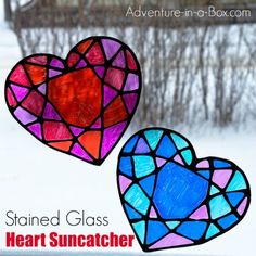 stained glass heart sun catchers in the snow with text reading stained glass heart sun catcher