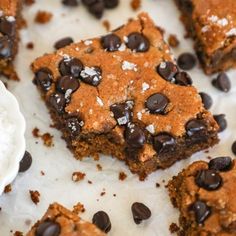 chocolate chip brownies and ice cream on a table