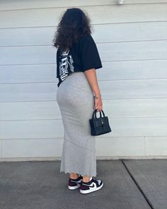 Hide Mid Section Outfits, Modest Yet Stylish Outfits, Jordans Skirt Outfit, Dress And Crewneck Outfit, Skirt Jordans Outfit, Stylish Modest Outfits Plus Size, Grey Sneaker Outfits Women, Skirt And Sneakers Outfit Casual, Dressy Outfits Classy