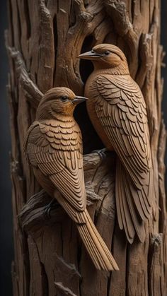 two wooden birds sitting on top of a tree trunk next to each other with their beaks open