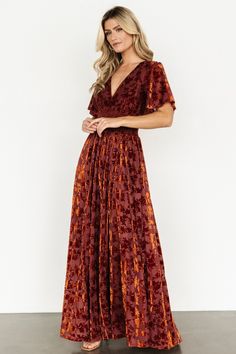 Veronica Velvet Maxi Dress | Rust Cocktail Jumpsuit, Rust Bridesmaid Dress, Orange Bridesmaid Dresses, Destination Dress, Baltic Born, Velvet Maxi Dress, Velvet Maxi, Flowy Sleeves, Rust Dress