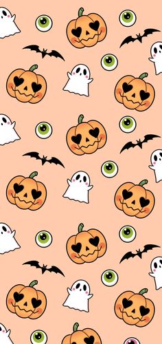 halloween pumpkins and ghost faces with green eyes on an orange background seamless wallpaper