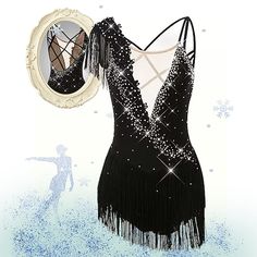 a black dress with fringes and a mirror on the wall next to snowflakes