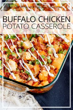 buffalo chicken potato casserole in a glass dish