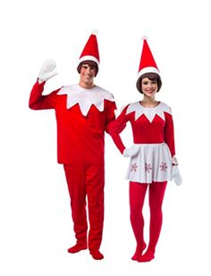 two people dressed in elf costumes standing next to each other, one wearing a red and white outfit