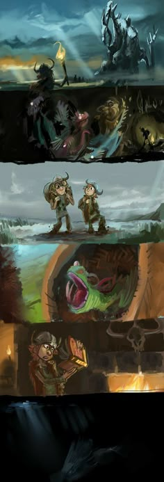 the concept art for an upcoming video game is shown in three different stages, including one being