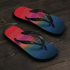 Let your feet breathe! With a high quality print, these Flip Flops are a must have item on the beach, around the house or to brighten up a special outfit on hot summer days. .: 100% Rubber .: Multiple sizes .: Textured black thong strap Prepare for an adventurous and carefree summer with a pair of colorful slippers that are created just for you! The rubber sole is lined with a soft fabric to make sure you feel comfortable wherever your day takes you. * Rubber sole * Customizable 100% polyester fabric lining * Black Y-shaped rubber straps * Toe post style Rainbow Flip Flops, Colorful Slippers, Summer Flip Flops, Beach Gifts, Designer Accessories, Thong Sandals, Clothing Co, Flip Flop, Flip Flop Sandals