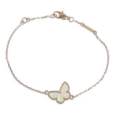 This is part of Chairish’s Fine Jewelry assortment.  VAN CLEEF & ARPELS Sweet Alhambra Papillon Bracelet for Women, Mother of Pearl, K18YG, 1.8g, 18K Yellow Gold, 750, Butterfly, VCARF69000, 042147   General     Brand :  Van Cleef & Arpels     Design     Type :  Charm bracelet     Gender :  Women     Material :  Mother of pearl, Yellow gold (18K)     Size     Length :  14cm / 5.51''     Total Length :  14.5cm / 5.7''    Included Items     Accessories :  Box, Sale certificate     Accessories Notice :  Before purchasing, please refer to the images of the accessories included with the item.     Condition     Condition :  Used (good)     Ranking :  Rank AB Used - Traces of usage, scratches / dirt can be seen but generally in good condition     Seller Ranking :  Rank AB     Overall Scratches : Elegant Jewelry Bracelet With Butterfly Clasp, Elegant Bracelet With Butterfly Clasp, Luxury Gold Jewelry With Butterfly Clasp, Luxury White Gold Jewelry With Spring Ring Clasp, Elegant Silver Bracelet With Butterfly Clasp, Elegant Gold Bracelets With Butterfly Clasp, Elegant Gold Bracelet With Butterfly Clasp, Luxury Gold Plated Chain Bracelet With Lobster Clasp, Luxury Gold Metal Bracelet As Gift