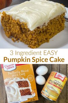 Collage of cake and 4 ingredients in easy pumpkin spice cake Easy Pumpkin Spice Cake, Spice Cake Mix Recipes, Pumpkin Spice Cake Recipe, Spice Cake Recipe, Pumpkin Dump Cake Recipe, Spice Cake Mix And Pumpkin, Boxed Cake Mixes Recipes, Dump Cake Pumpkin, Spice Cake Recipes