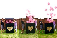 three pictures of people holding balloons in the shape of heart boxes