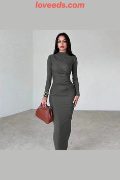 Fashionable round neck long sleeve slim fit hip-hugging solid color elegant dress Maxi Dress Elegant, Women Wedding Guest Dresses, Winter Dresses, Elegant Dress, Elegant Dresses, Graduation Dress, Round Neck, Party Dress, Cocktail Dress