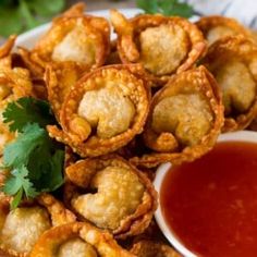 some fried food on a plate with dipping sauce