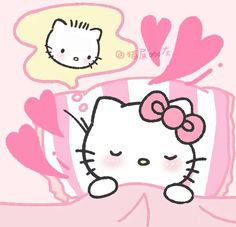 a hello kitty wallpaper with hearts and a cat sleeping on the bed in front of it