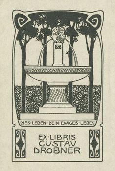 an old advertisement for a fountain with trees in the background