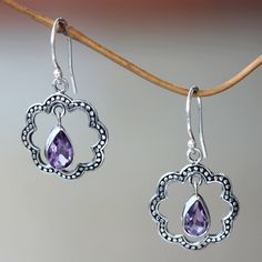 Komang Wijayana presents open flowers centered with sparkling amethyst teardrops. Handcrafted of sterling silver these feminine earrings feature faceted gems that total 1.5 carats. .925 Sterling silver Purple Sterling Silver Teardrop Earrings, Sterling Silver Teardrop Flower Earrings, Elegant Purple Sterling Silver Flower Earrings, Elegant Purple Teardrop Flower Earrings, Harley Davidson Jewelry, Jewelry Necklace Simple, Feminine Earrings, Diamond Engagement Band, Flower Halo