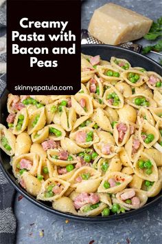 creamy pasta with bacon and peas in a skillet