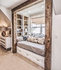 the instagram page shows an image of a bedroom with built in bookshelves