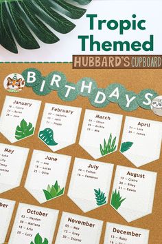 a bulletin board with the words birthdays on it and tropical leaves in front of it