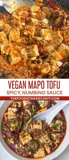 vegan mapo tofu recipe in a white bowl with spoons on top