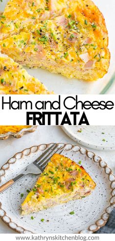 ham and cheese frittata on a plate with a fork