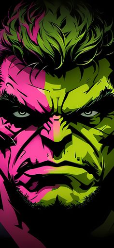 an image of the hulk face painted in pink, green and yellow colors on a black background