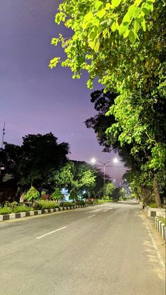 an empty street with trees on both sides and lights in the distance at night time