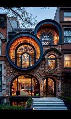 a large brick building with arched windows and stairs leading up to the front door,