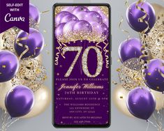 a purple and gold 70th birthday party with balloons, streamers and confetti