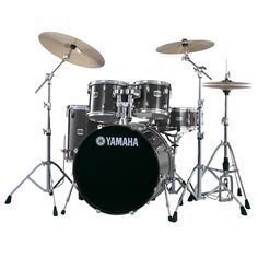 the yamaha drum set is red with black hardware