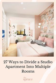 a bedroom with floral wallpaper and pink bedding in the center is an open closet