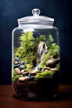 a glass jar filled with rocks and plants