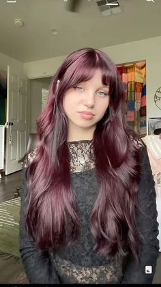 Purple Red Tinted Hair, Black Hair With Burgundy Ends, Plum Hair Blue Eyes, Red Purple Hair Highlights, 2020 Hair Trends Colour, Wine And Black Hair, Purple Over Red Hair, Aubrey Hair Color, Long Purple Hair With Bangs